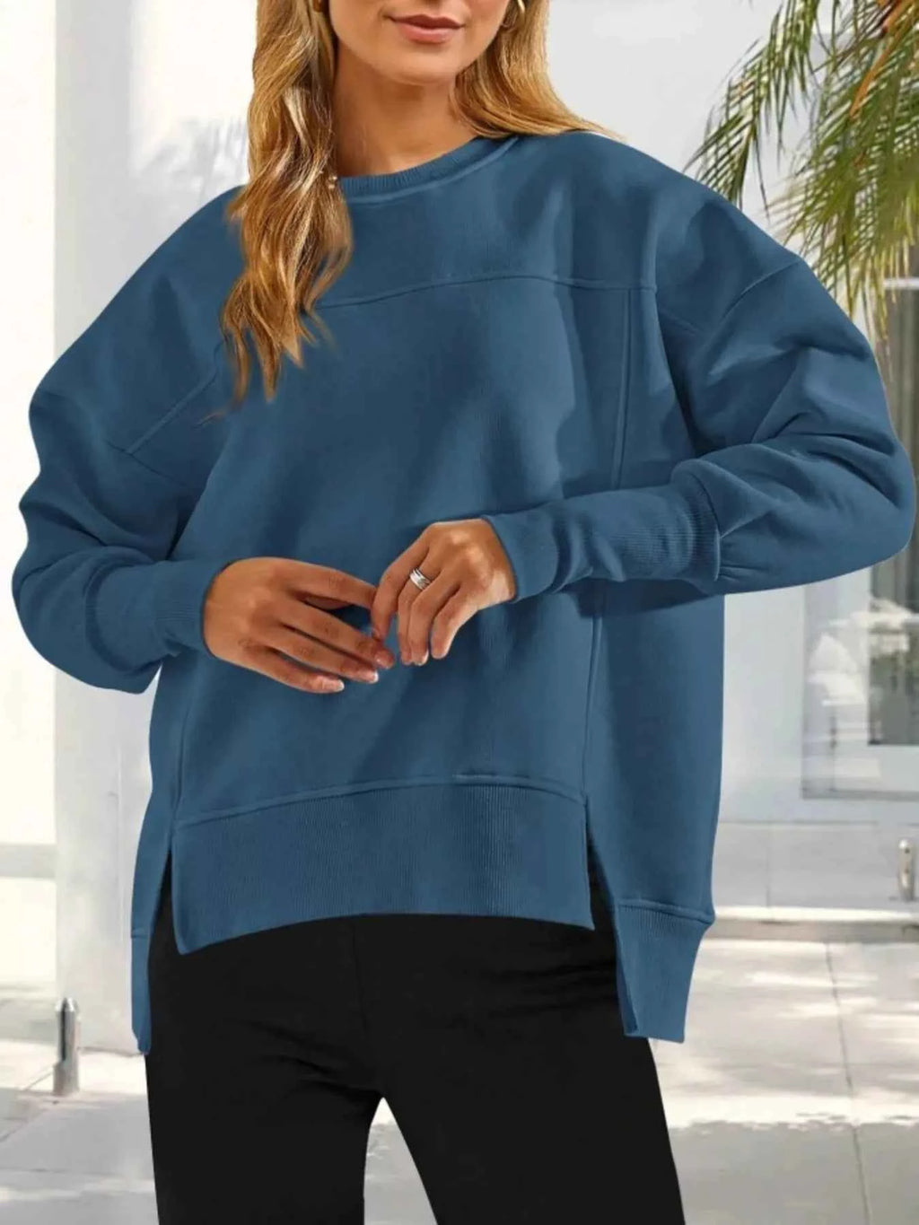 Slit Round Neck Dropped Shoulder Sweatshirt 763f7b83583141b6b972578c28dbc8d7-Max-Origin