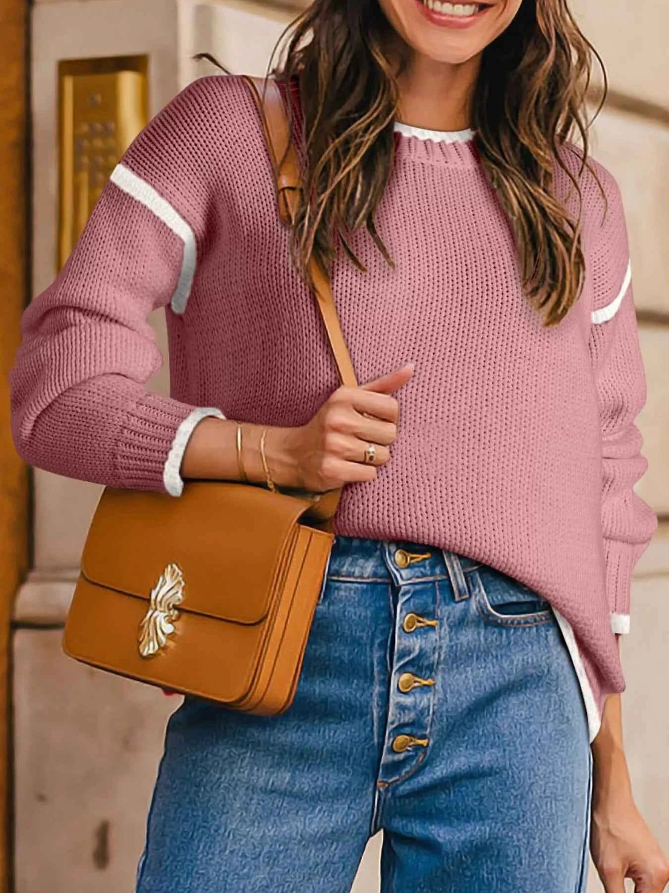 Contrast Trim Long Sleeve Sweater Pink 76489ab83f504e269de3bf7a4880aa47-Max-Origin