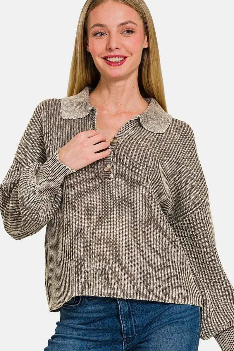 Zenana Washed Half Button Long Sleeve Sweater Mocha 764cad73-3ac3-4e92-94b3-609234e1df7e-Max