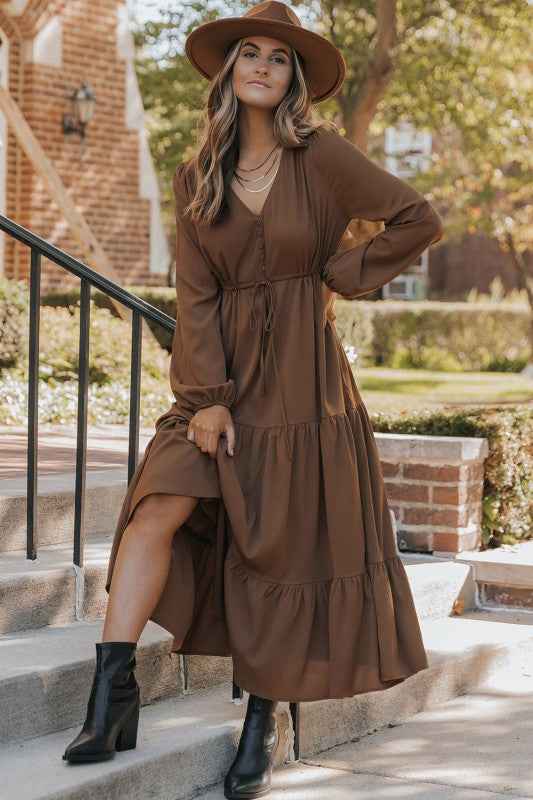 Solid Buttoned V-Neck Long Sleeve Tiered Maxi Dres 76594d1c-aacb-4791-99a3-06ad20615c63