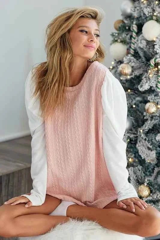 BiBi Cable Sweater Knit Top with Contrast Puff Sleeve ROSE LT 7678c753b2a94df6aa96864156baadf3-Max-Origin