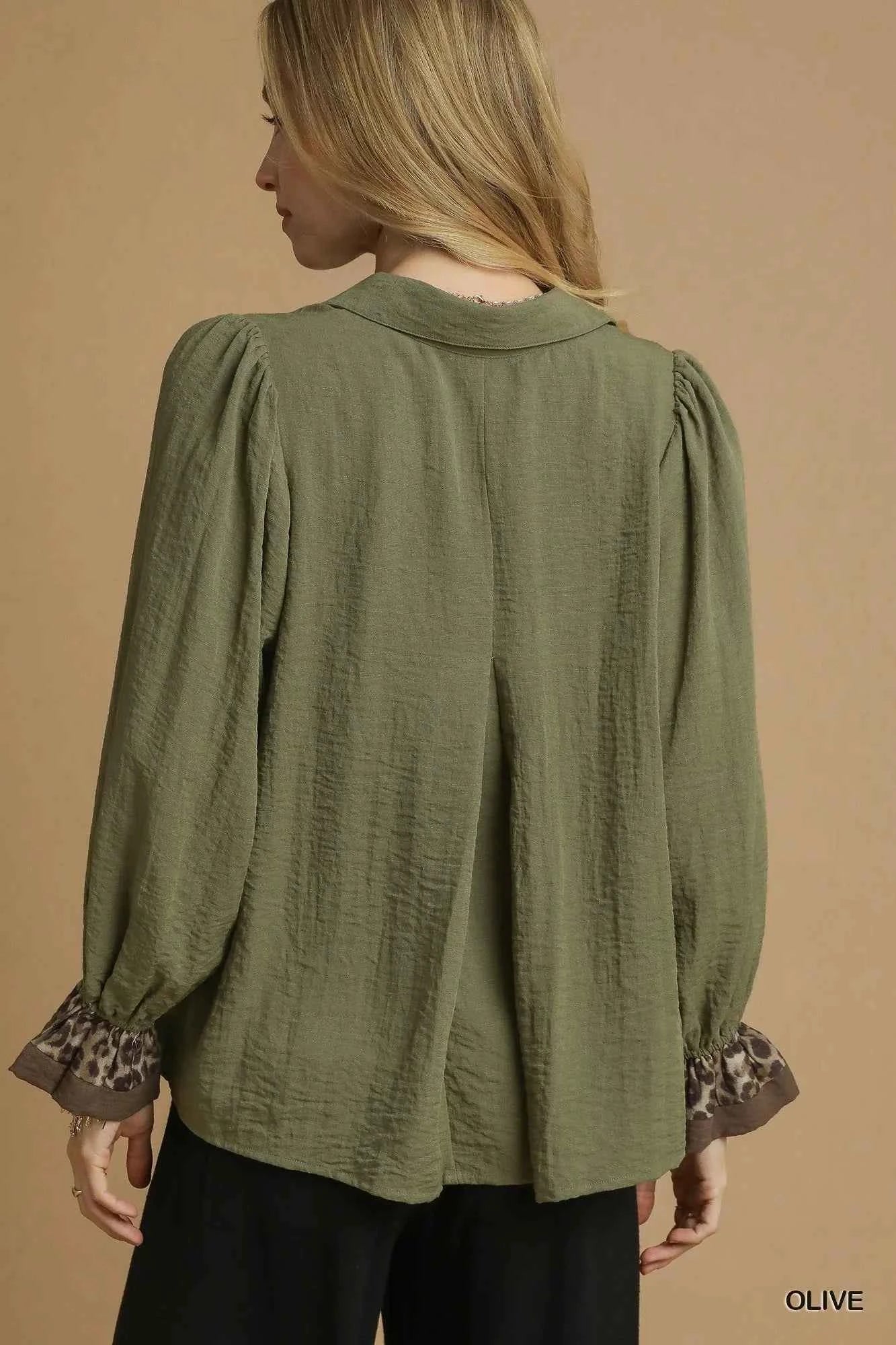 Umgee Half Button Blouse with Leopard Print Trim 76ab8564-0991-455a-a182-5678f9f64381-Max-Origin