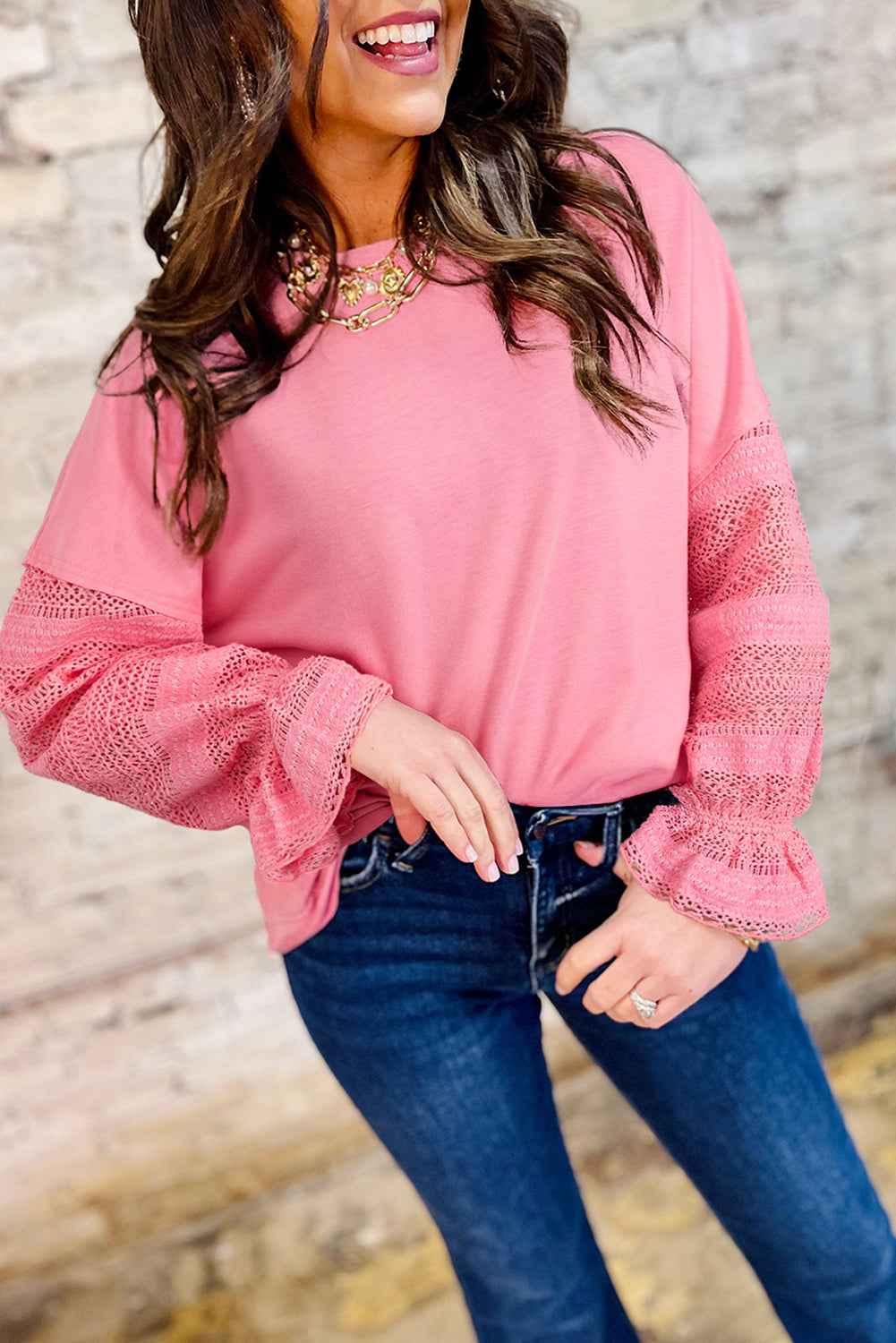 Sachet Pink Lace Patchwork Sleeve Loose Sweatshirt Sachet Pink 75%Polyester+20%Cotton+5%Elastane 76ae5032eea7e0ff