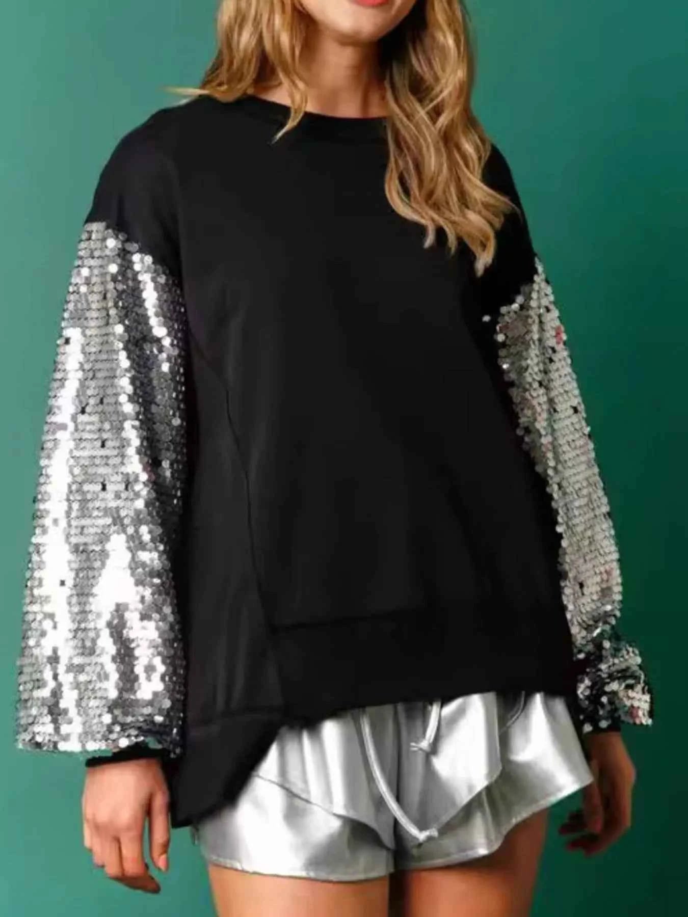 Sequin Long Sleeve Round Neck Sweatshirt Silver 76c04e35-a606-489f-8d8e-0f0644e88e92-Max-Origin
