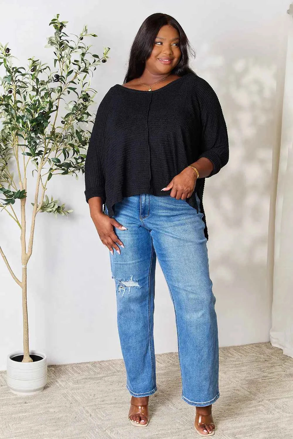 Zenana Full Size Round Neck High-Low Slit Knit Top 76c07754358144fea1b5faf57cef7475-Max