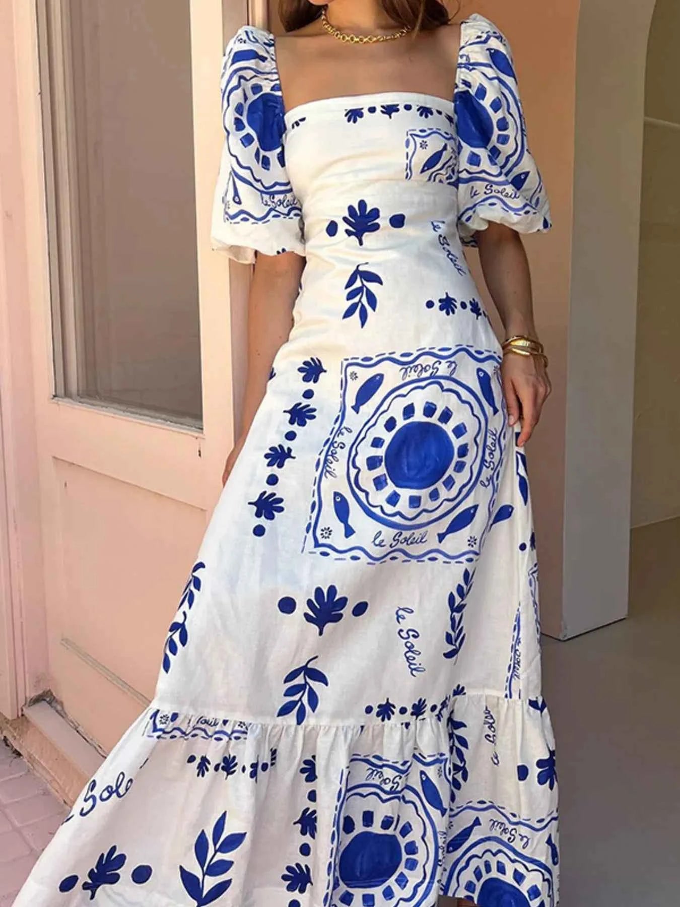 Floral Square Neck Puff Sleeve Maxi Dress with Ruffle Hem 76c6034d82764ad9a48fc2c7b2d409bc-Max-Origin