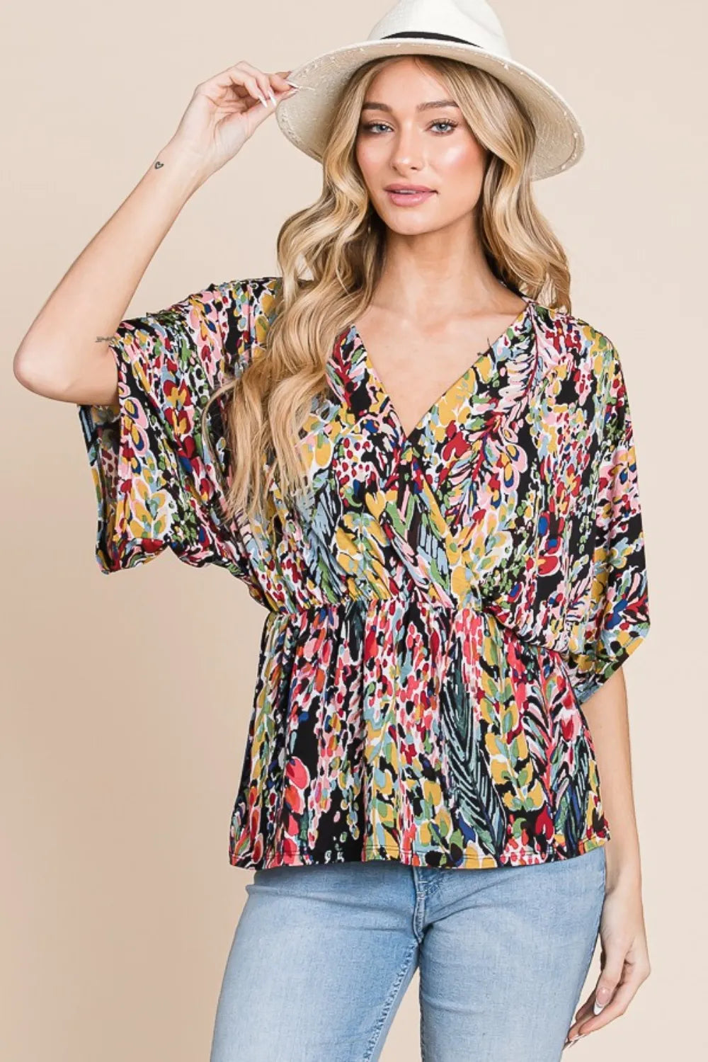 BOMBOM Printed Surplice Peplum Blouse Floral 76c7d77e-abf2-46fa-803c-0eef45b59b1c-Max