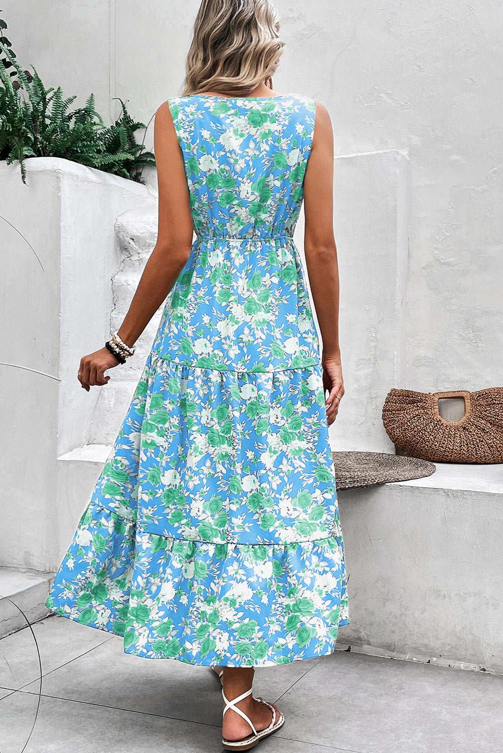 Green Floral Print Trimmed V Neck Sleeveless Vacation Dress 76fddfc646a52a2b-_10