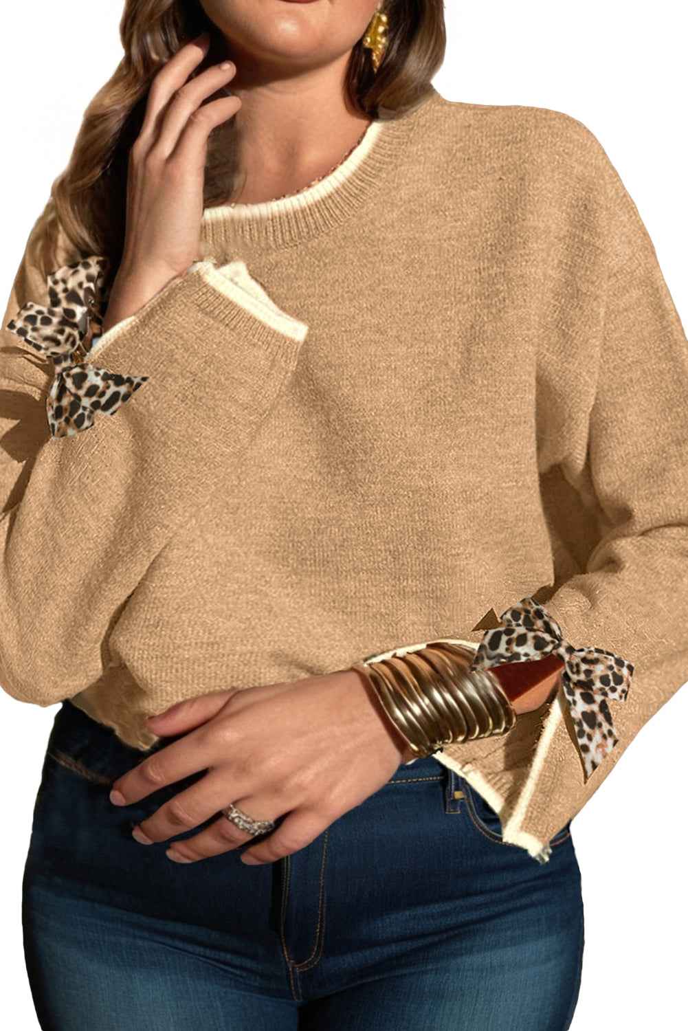 Tan Plus Size Leopard Bow Decor Split Cuffs Loose Sweater 76ff6af44cacad64