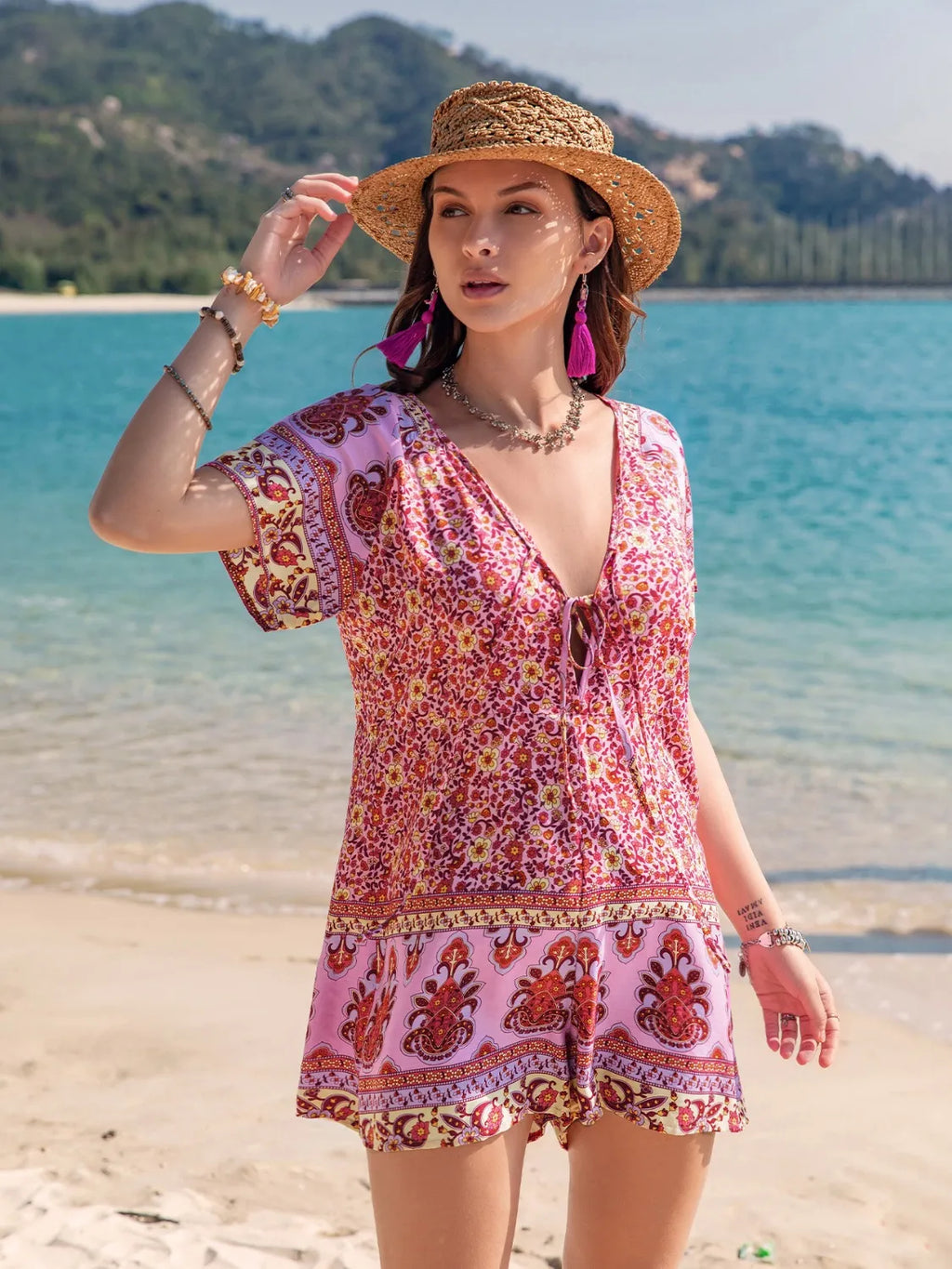 Printed V-Neck Short Sleeve Romper Deep Rose 7707840a-7109-4206-a323-9a49dcc5bd67-Max-Origin
