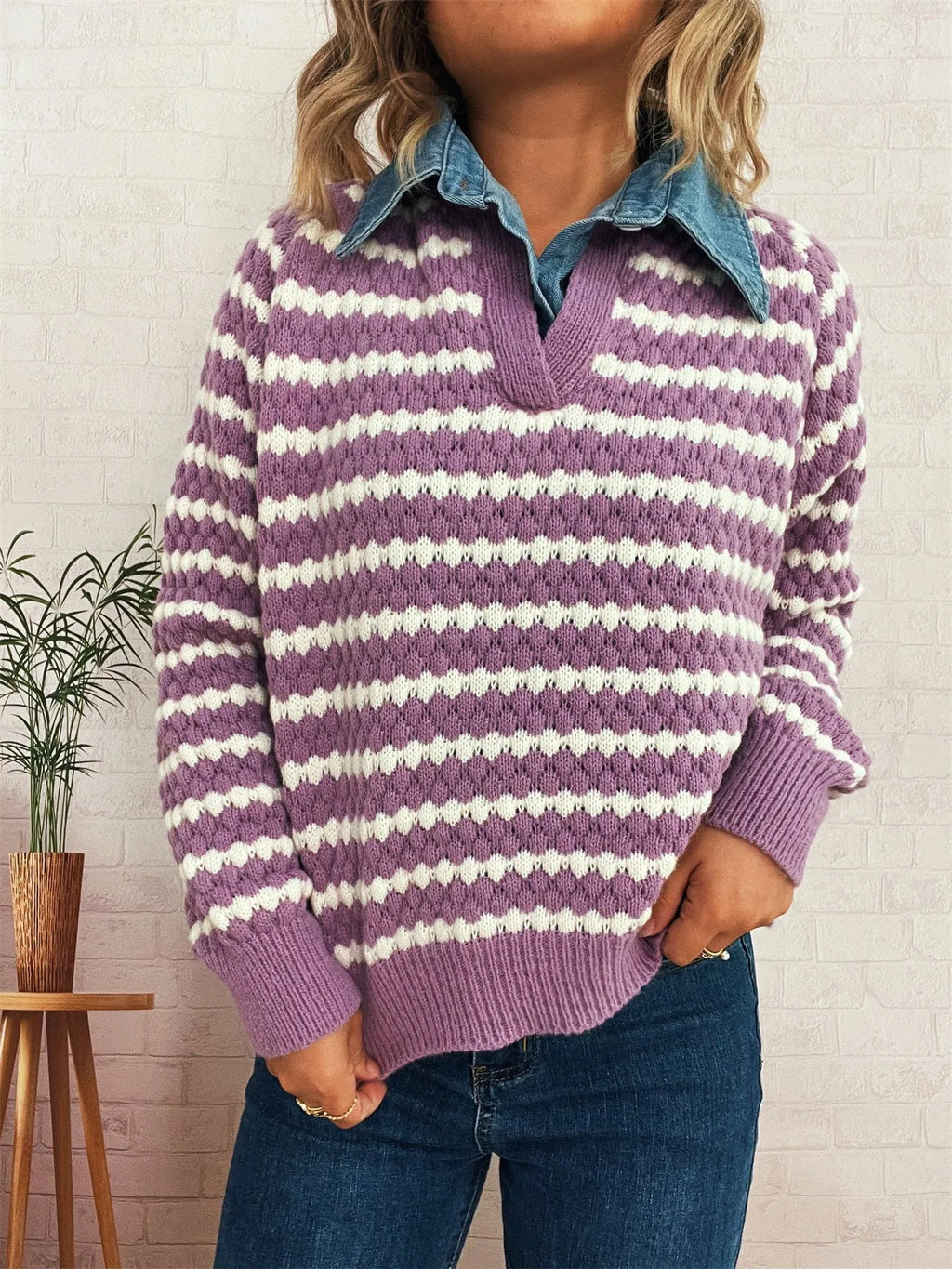 Contrast Striped Sweater with Denim Collar 772a3730-77ac-4ca9-8235-66c2d7e32f38-Max-Origin