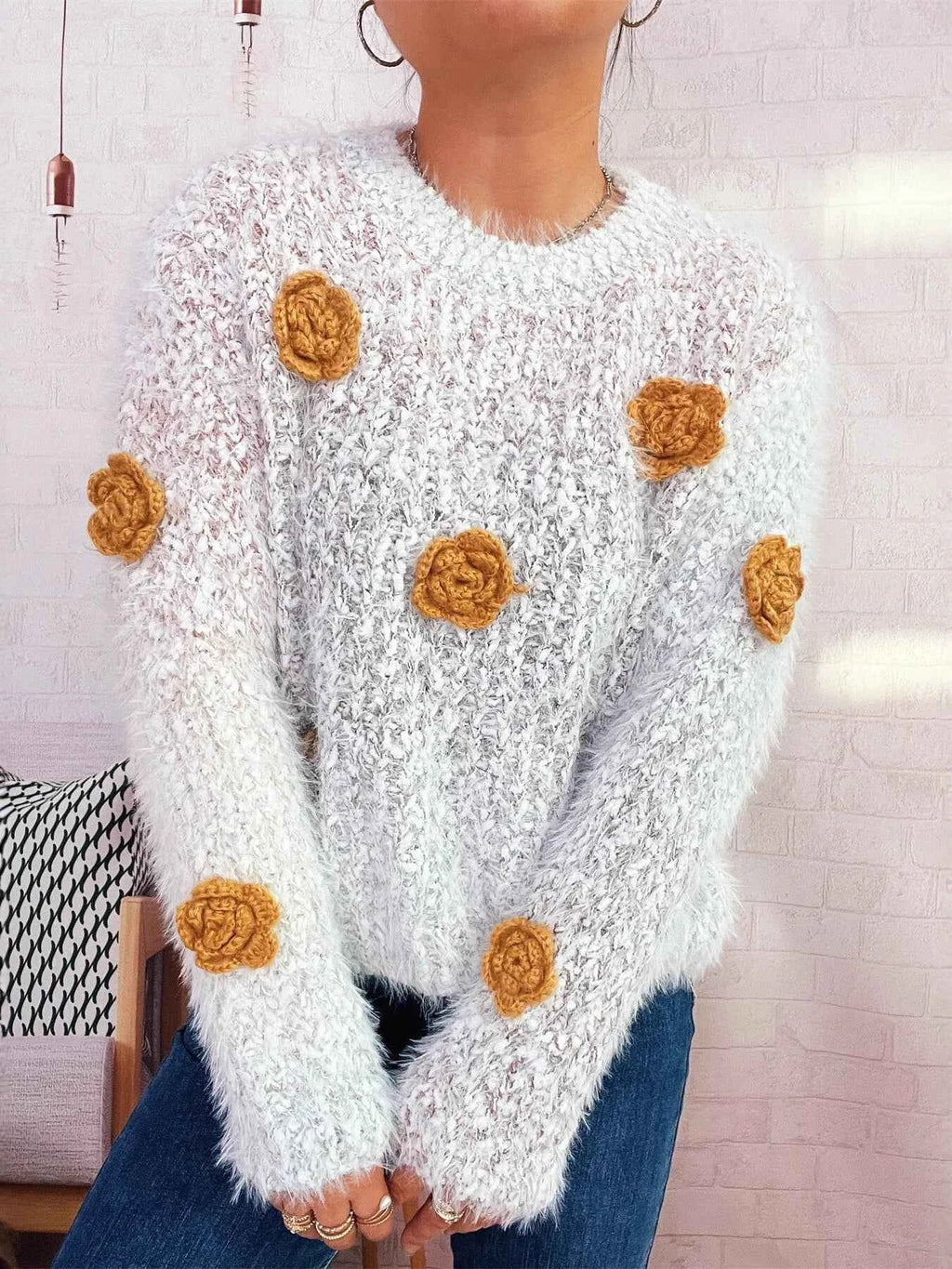 Flower Embellished Round Neck Sweater 7742e8719e684e84b10b97a92f0a4e73-Max-Origin