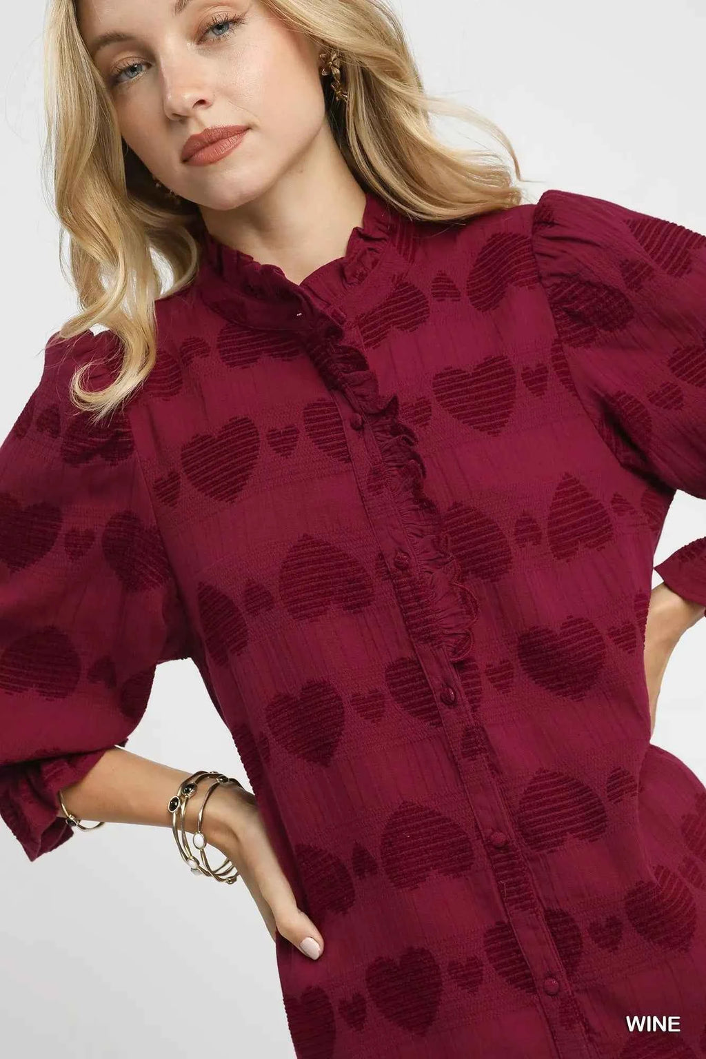 Umgee Heart Jacquard Ruffle Trim Shirt 774851be-8f0c-4c55-8c46-4eb4556f0d72-Max-Origin
