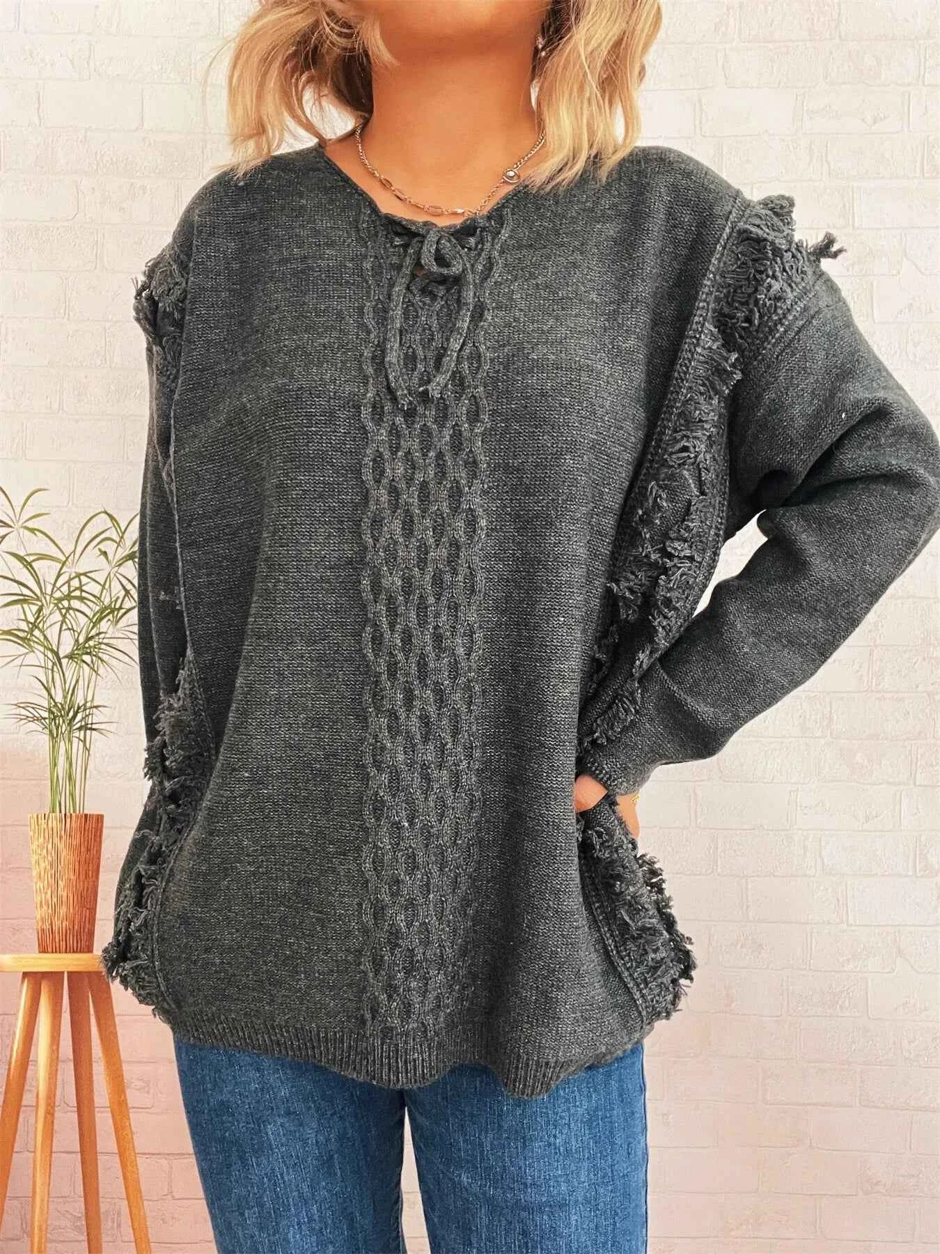 Raw Hem Lace Up Front Sweater Dark Gray One Size 774ac15f0bbb407e8805a8bd78275c2d-Max-Origin