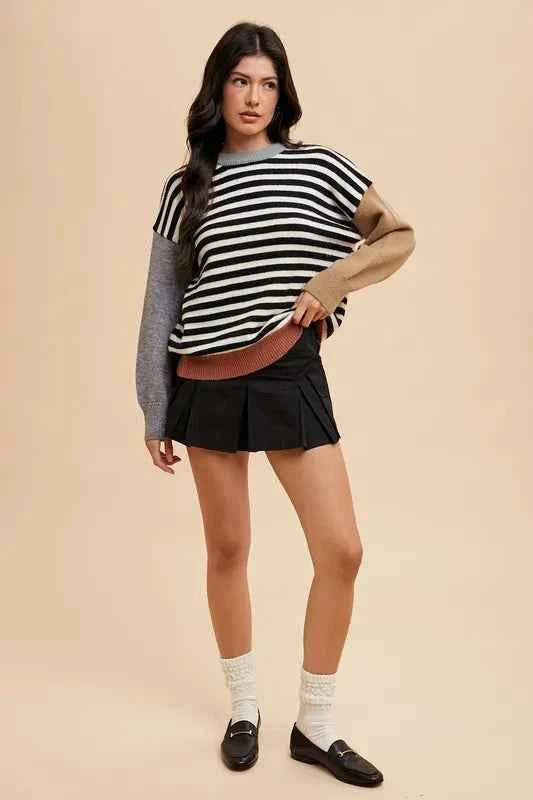Annie Wear Striped Color Block Round Neck Sweater 7762bf27-146e-47f5-87db-f6e6e308ba4d-Max