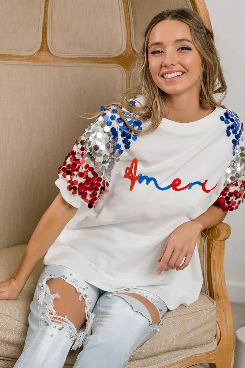 BiBi America Letter Applique Spangle Puff Sleeves Top 77636f76dd3544139c2d64b01f86d44c-Max-Origin