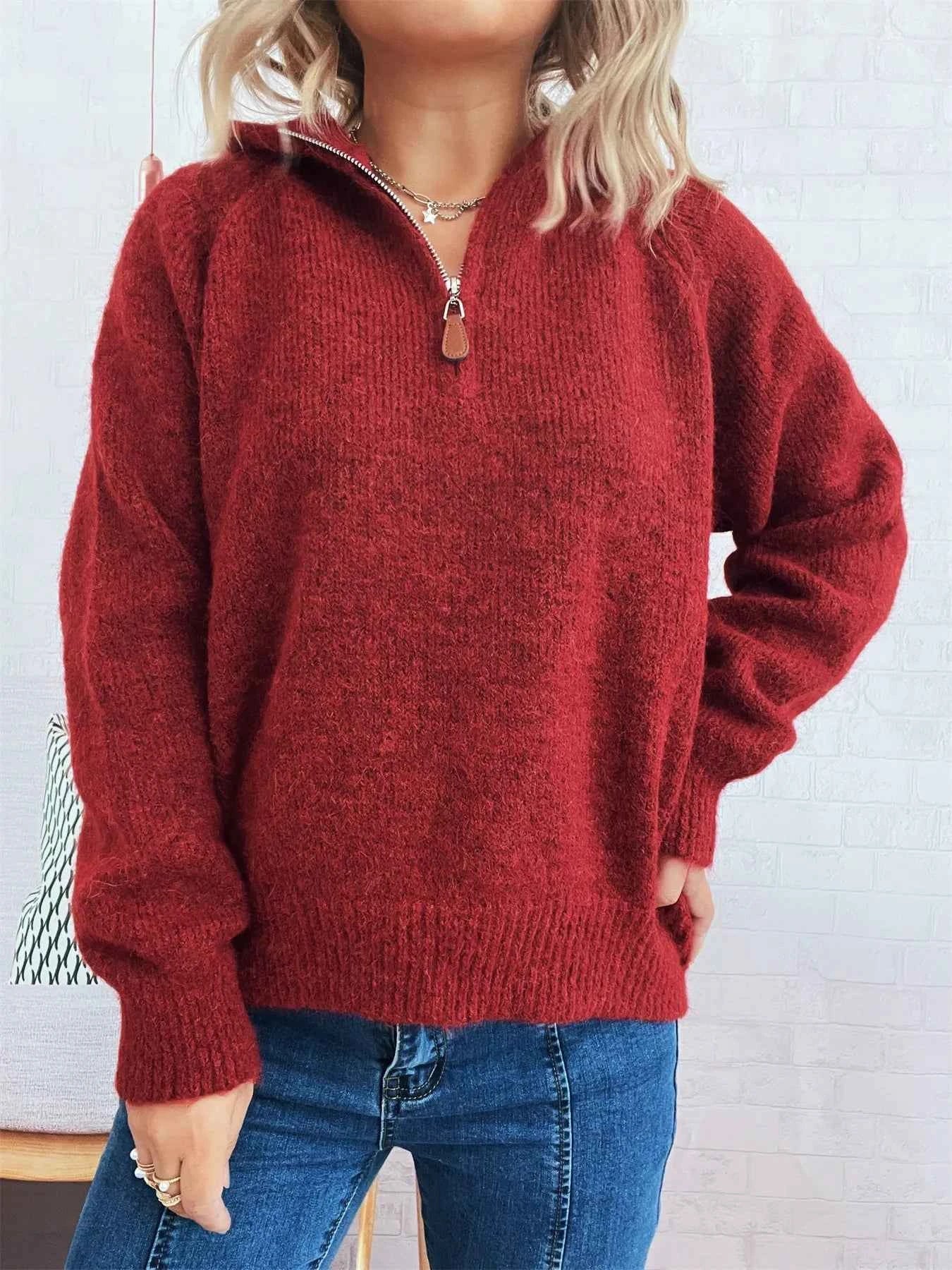 Quarter Zip Ribbed Hem Sweater Burgundy One Size 779f2a9265bb468caa3f597aef20b8f0-Max-Origin