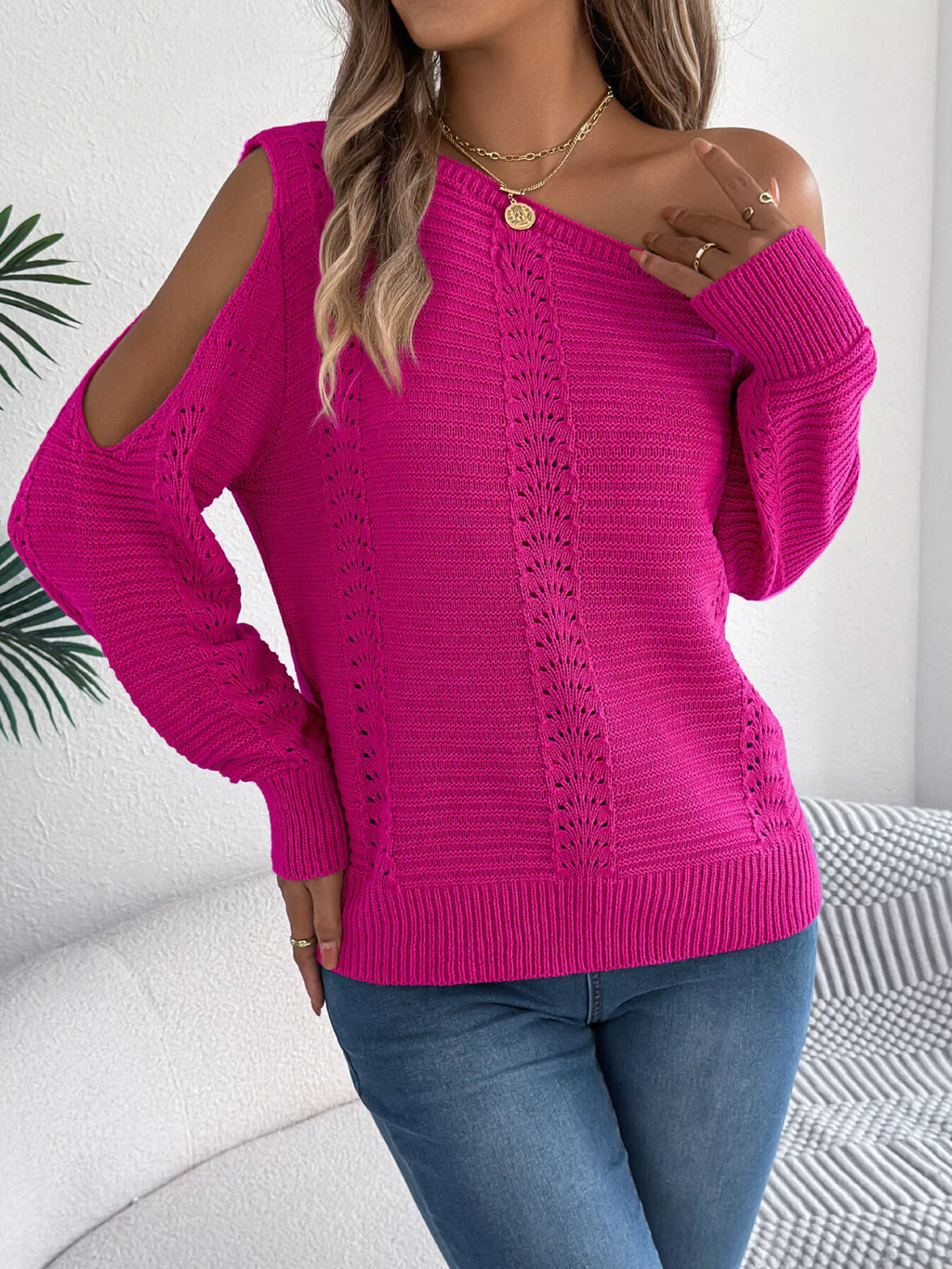 Openwork One Shoulder Cutout Long Sleeve Sweater 77a3fe69512748c8910d4a7d9f6a8b60-Max-Origin