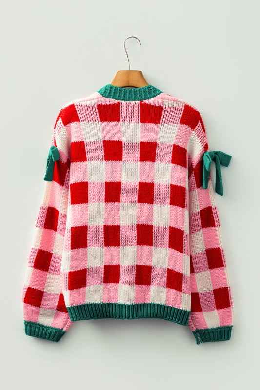 Plaid Bow Open Front Sweater Knit Cardigan