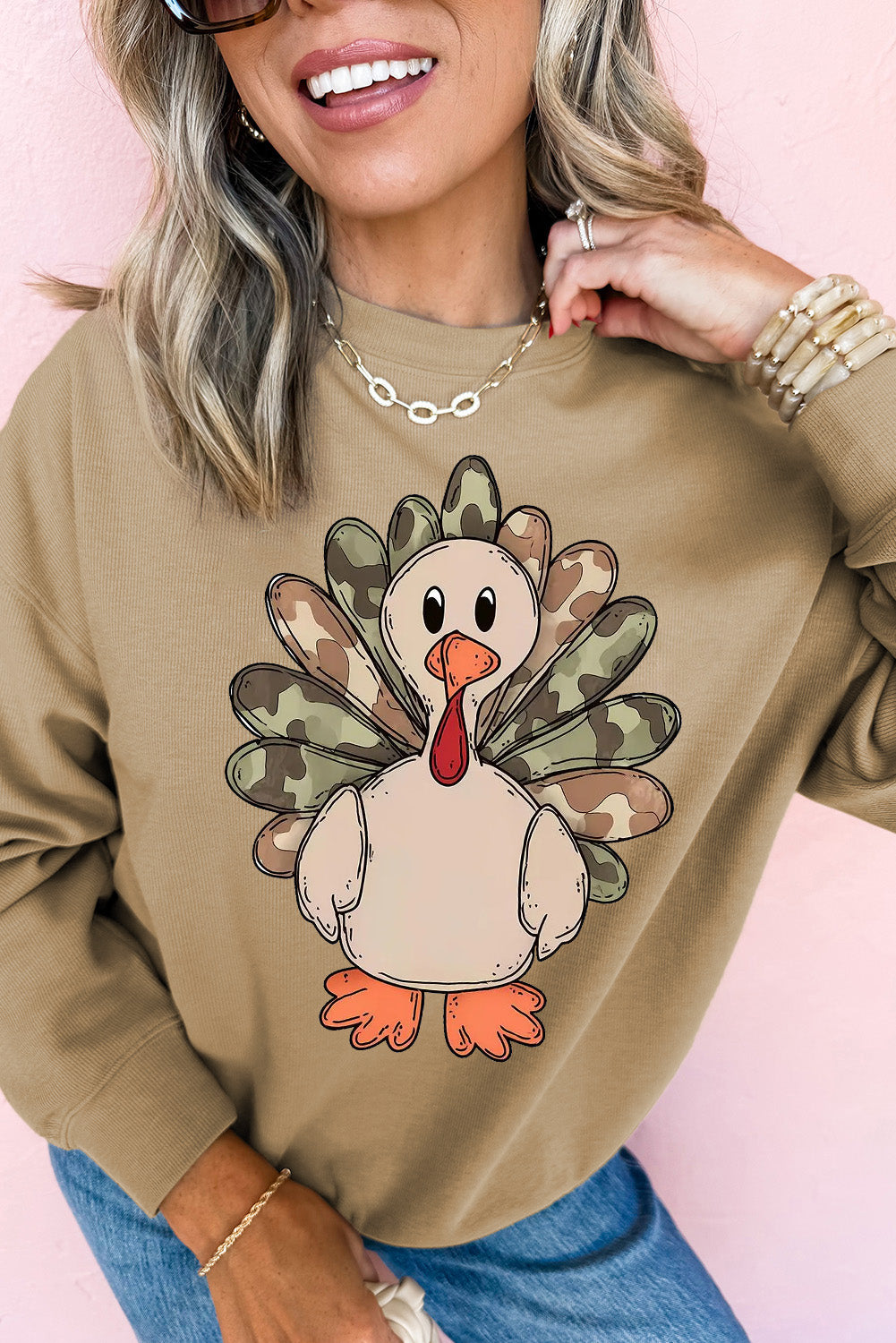 Khaki Camouflage Turkey Heat Transfer Printing Graphic Sweatshirt 77d18b1004760ed0