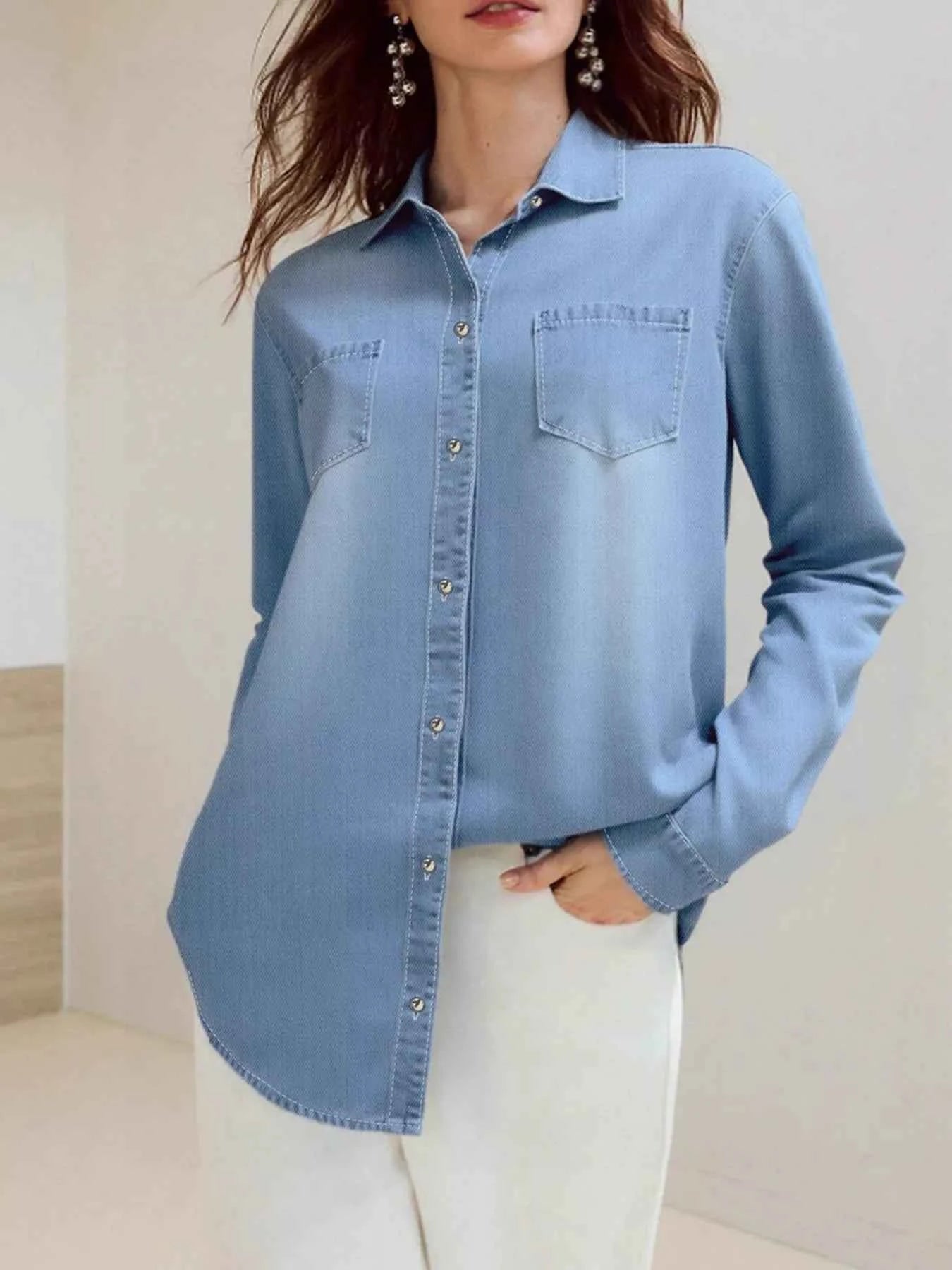 Full Size Button-Up Long Sleeve Denim Shirt Plus Size 77d2ce3c4a0349feb33d83e8fb21137b-Max-Origin