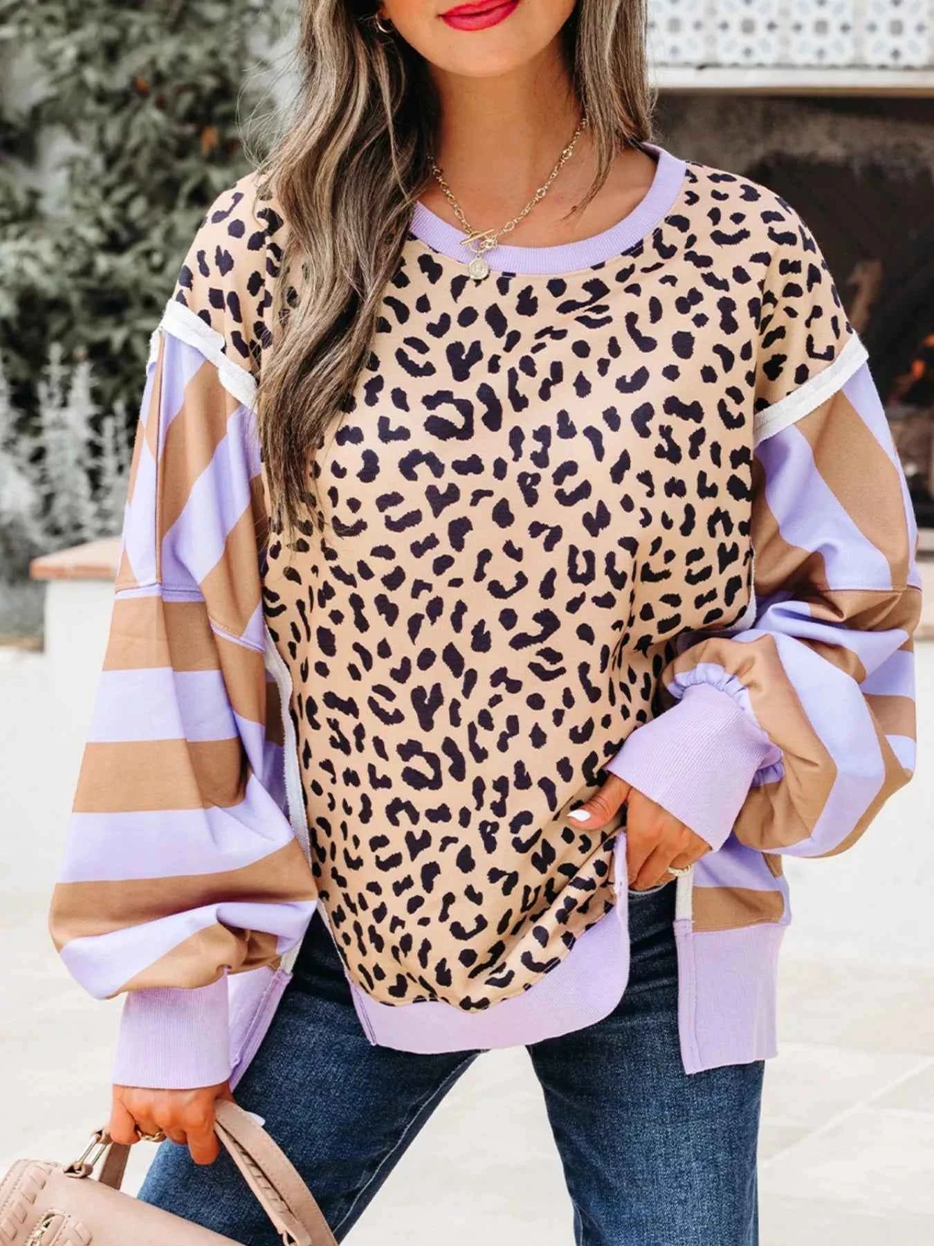 Stripe Color Block Patchwork Leopard Casual Sweatshirt with Slits 77d44f69-8be3-466e-b532-4f6538a601fe-Max-Origin