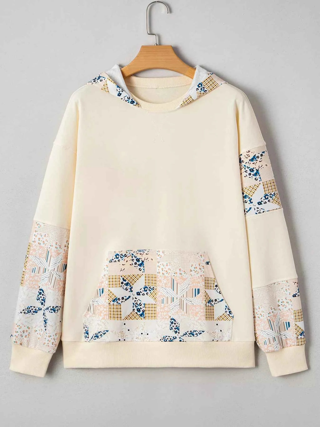 Geo Pattern Patchwork Hoodie with Kangaroo Pocket 77d8eaffd933498c949bcf5bc075ccd9-Max-Origin