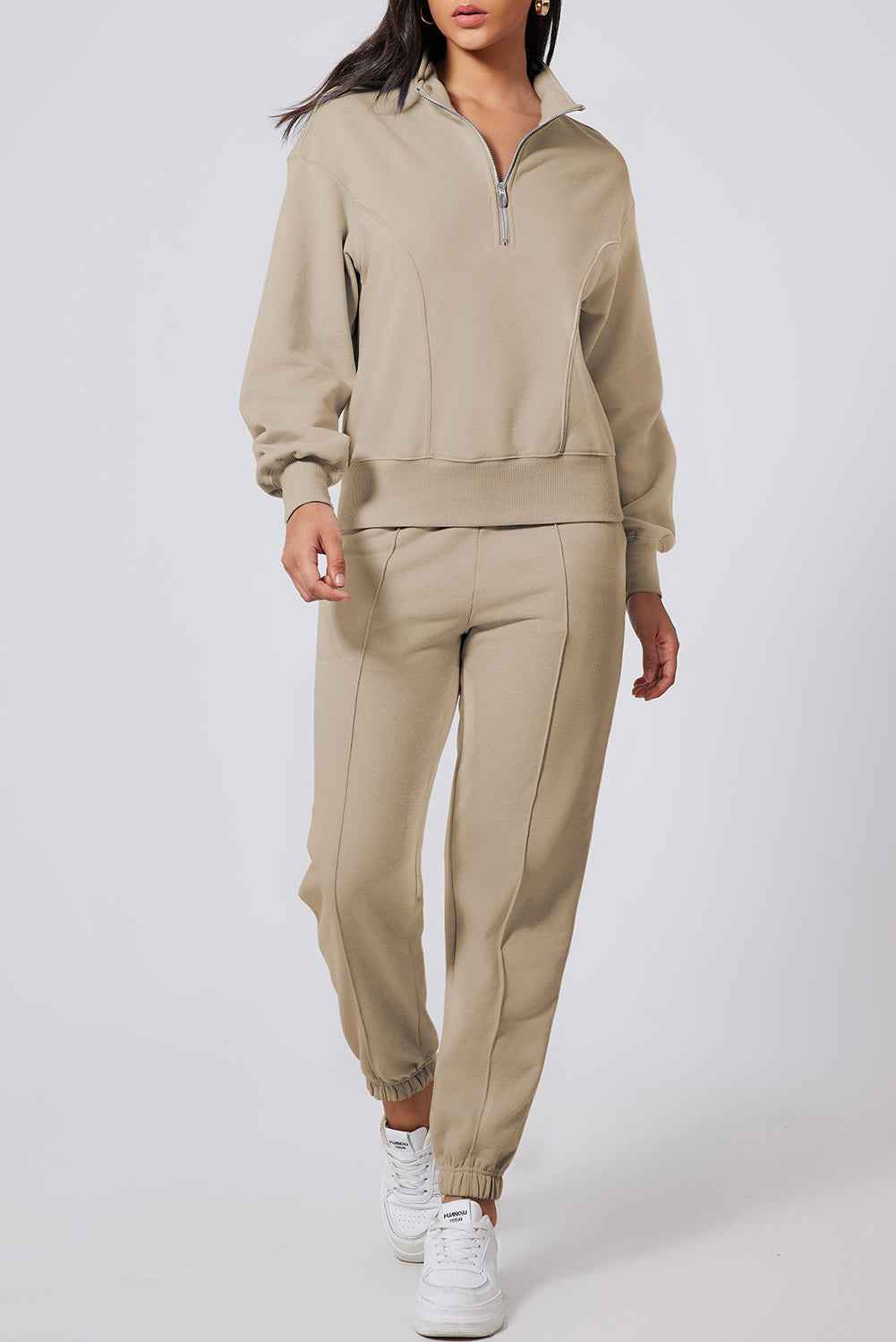 Parchment Half Zip up Pullover Active Top and Joggers Set Parchment 50%Polyester+50%Cotton 77e0a1d111707264
