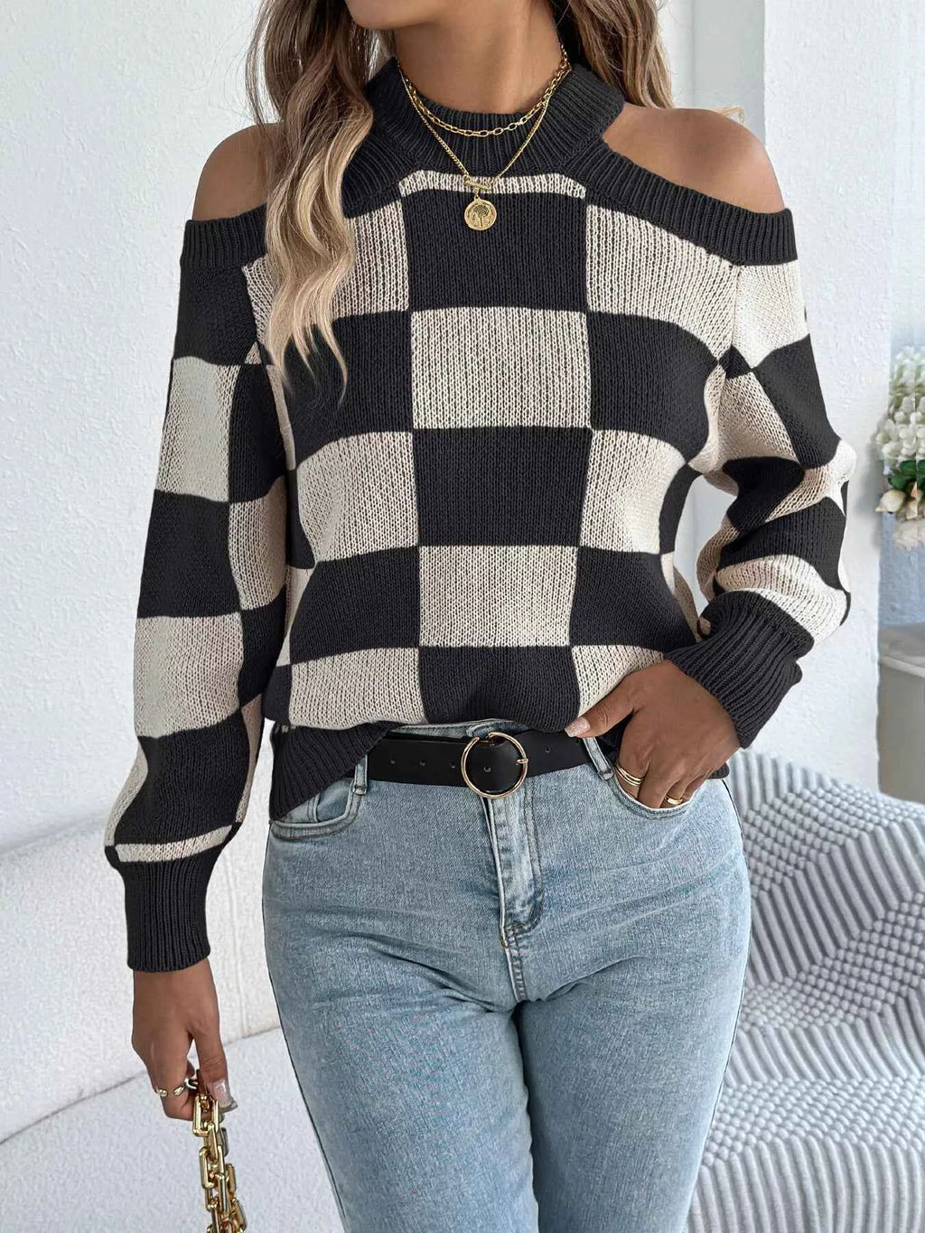 Cold Shoulder Checkered Long Sleeve Sweater 77f559bae04246bdb260fb2d54b5212c-Max-Origin