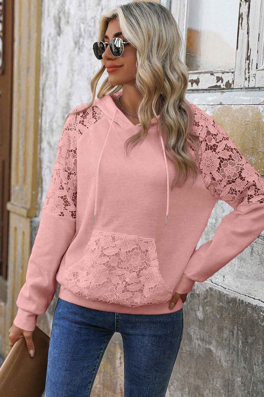 Gossamer Pink Lace Patchwork Raglan Sleeve Kangaroo Pocket Waffle Hoodie 77f770348078bf28