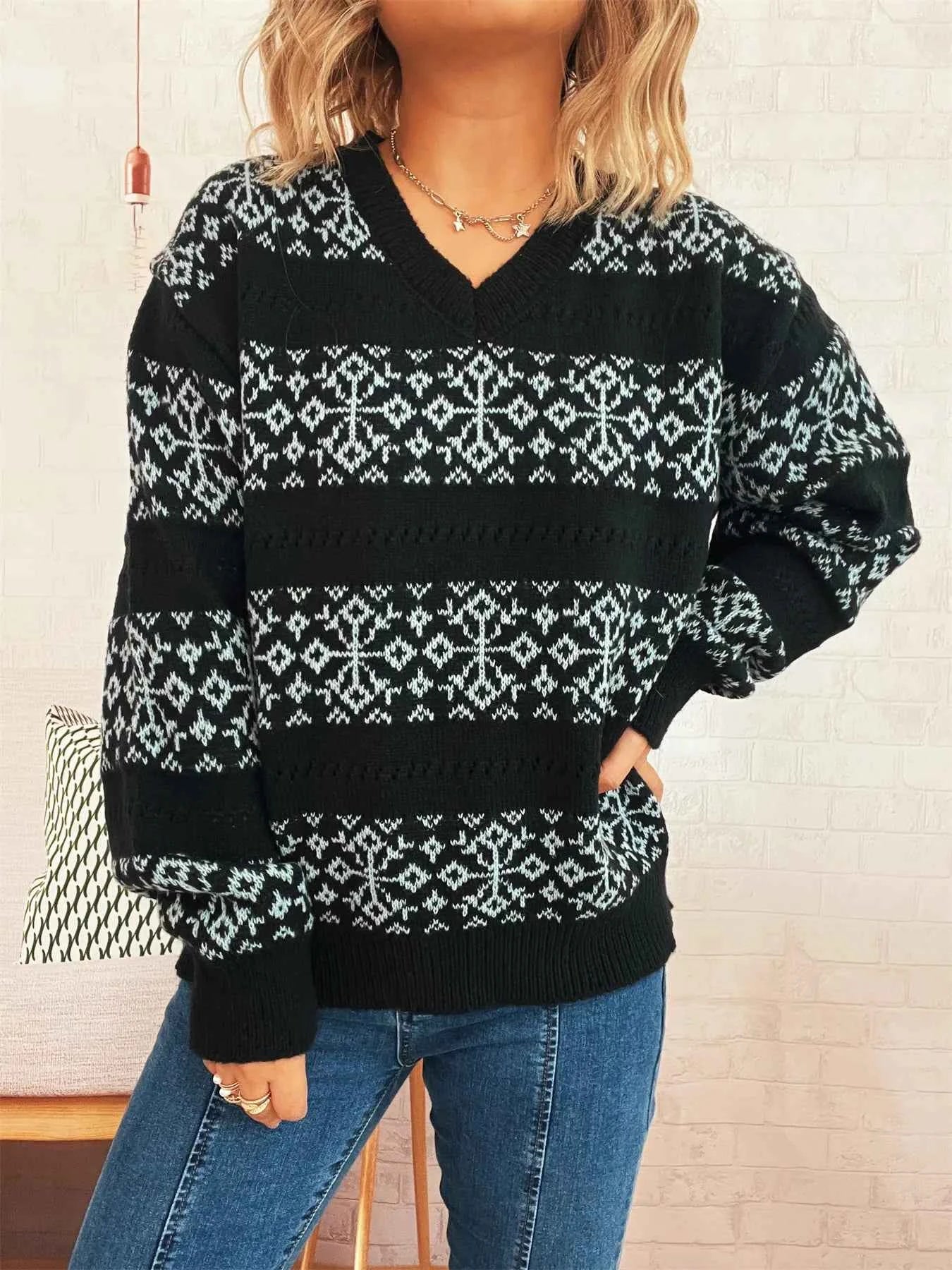 Contrast Ribbed hem Long Sleeve Sweater Black One Size 7800f9cbf74b4cb4ae990a18af91a591-Max-Origin