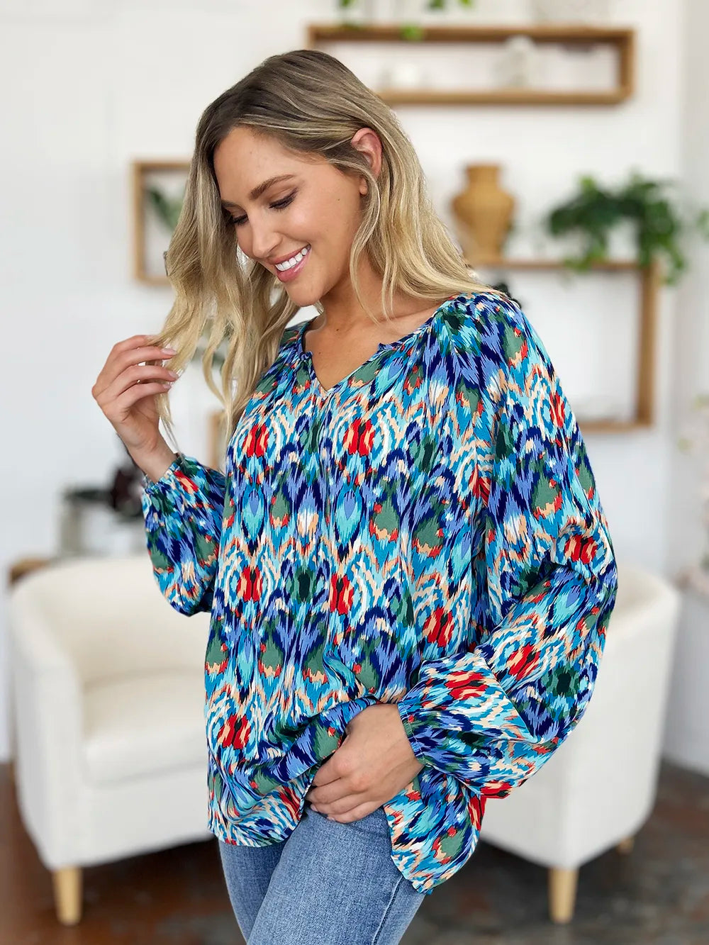 Double Take Full Size Printed Balloon Sleeve Blouse 780100a8-2f97-40e8-b312-bdcc846dfcc2-Max