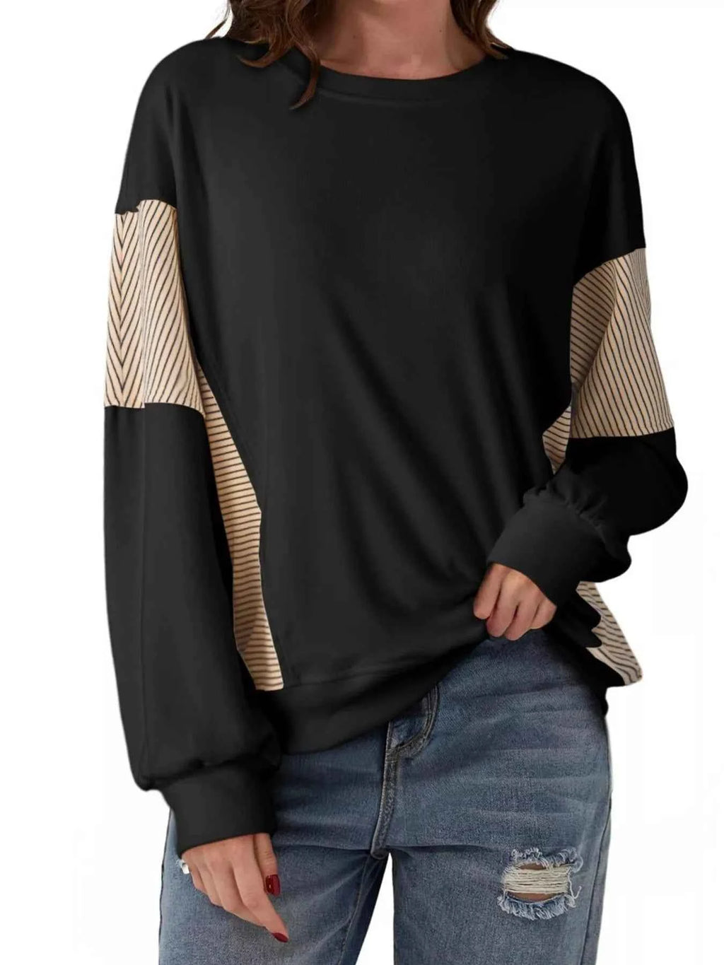 Striped Round Neck Long Sleeve Sweatshirt 780ceacc27fe4d7e80439e6bd0883647-Max-Origin