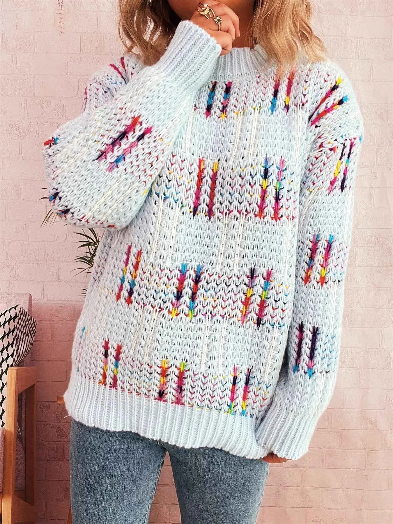 Colorful Round Neck Long Sleeve Sweater Blue One Size 78172c94c023455eab9c8e26c5fcdabd-Max-Origin