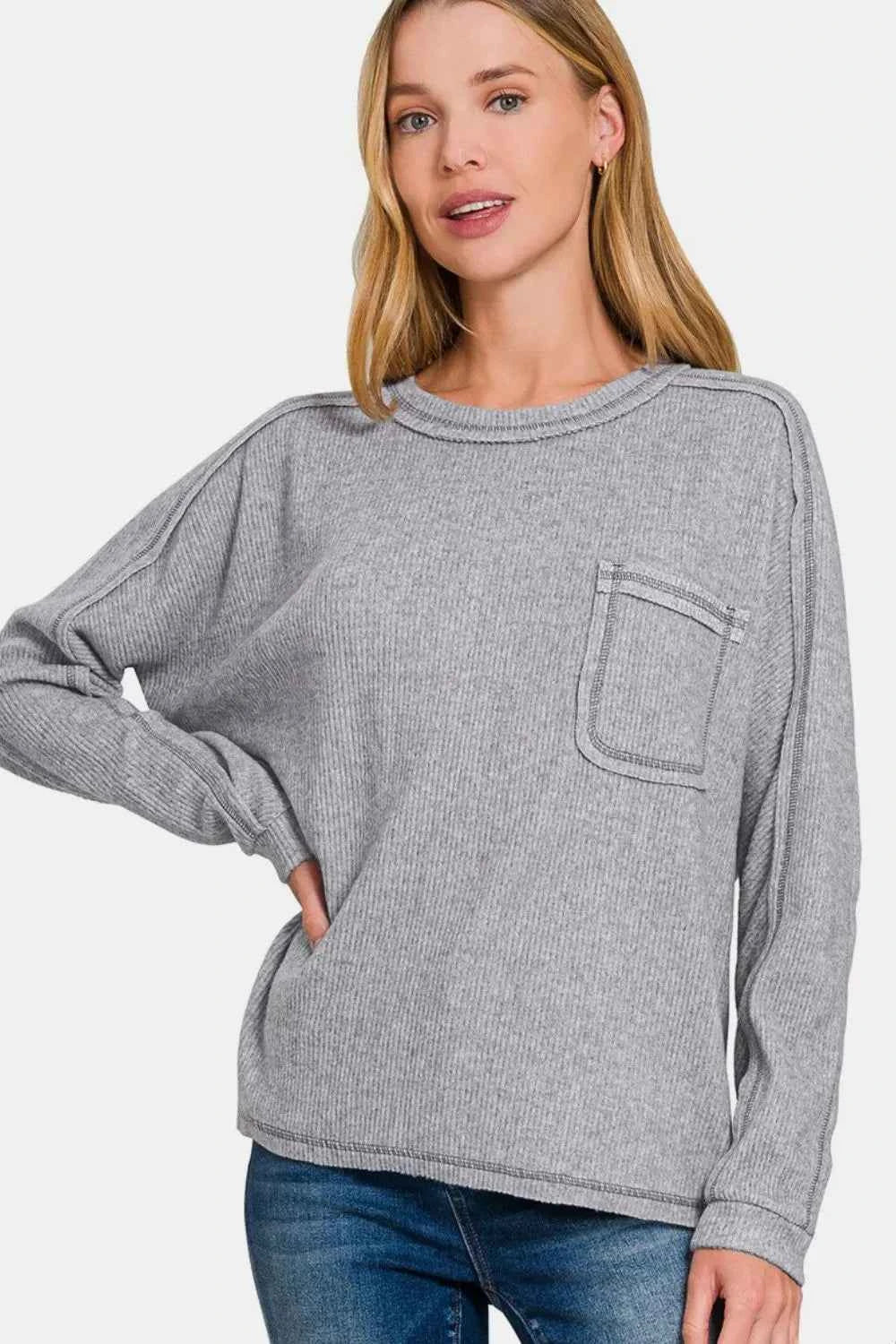 Zenana Full Size Contrast Stitching Brushed Ribbed Hacci Knit Top Gray 78242849-6dbb-4fc9-9eac-b59098bde4c4-Max