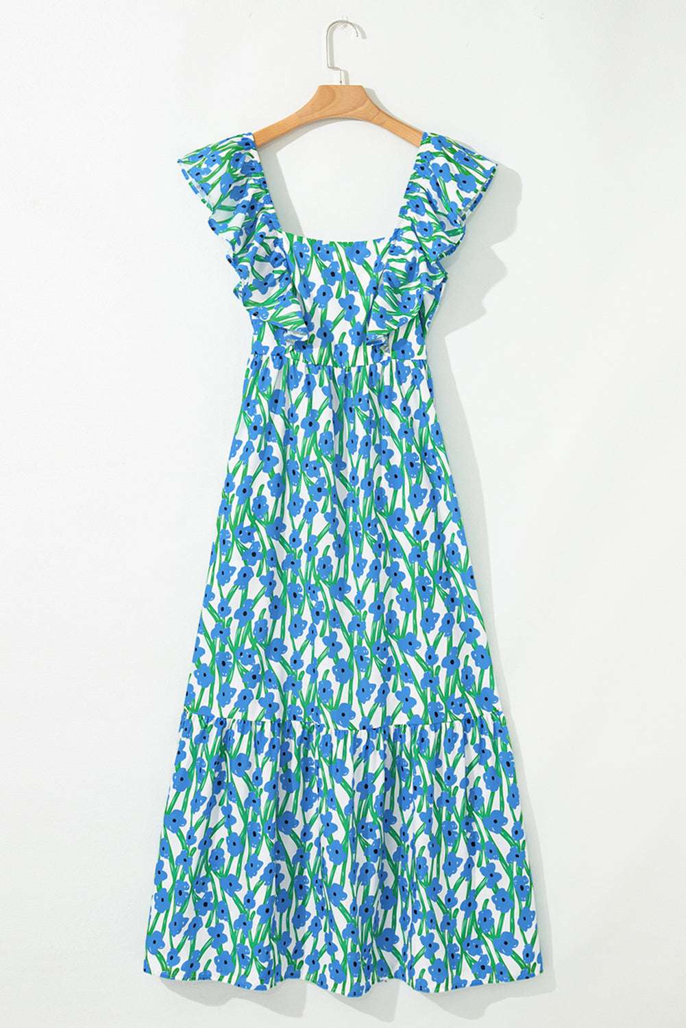 Blue Floral Print Square Neck Ruffled Strap Maxi Dress 783f989e0819b30f-_7