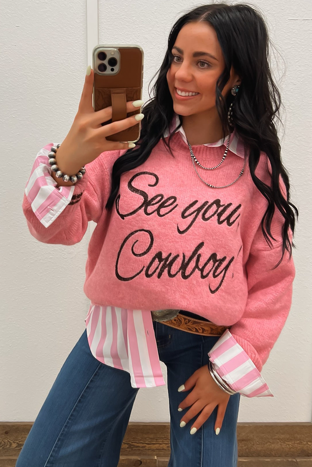 Peach Blossom Letter Embroidered Graphic Sweater 784013344664011d