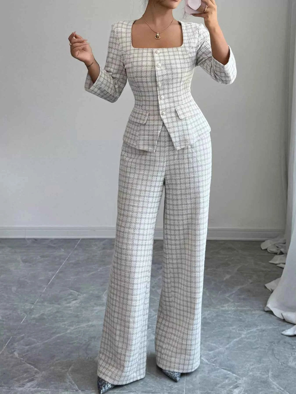 Plaid Square Neck Button Up Top and Pants Set 784e74de-5c63-433d-9342-561548b050e3-Max-Origin