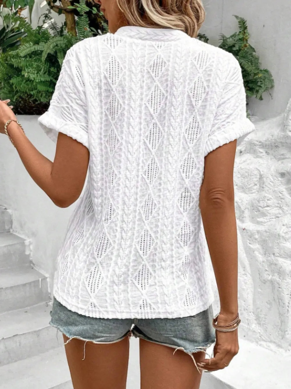 Openwork Notched Short Sleeve Blouse 785d653d-5b37-4765-8f8b-a851ef4d9a8c-Max