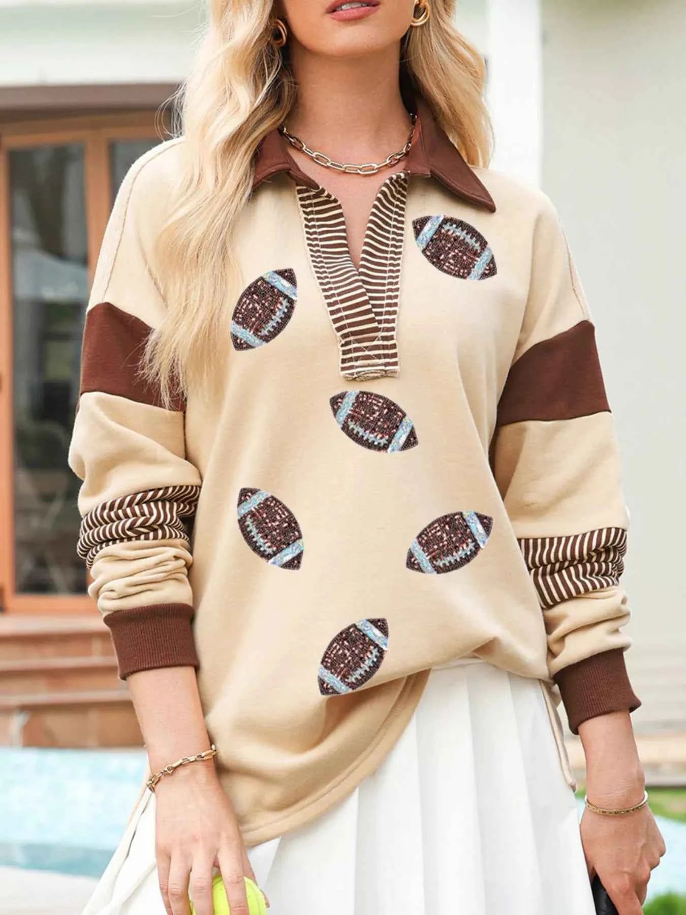 Color Block Striped Patchwork Sequin Rugby Graphic Polo Sweatshirt 786ea380-3b9e-4a48-8373-92183b1bc697-Max-Origin