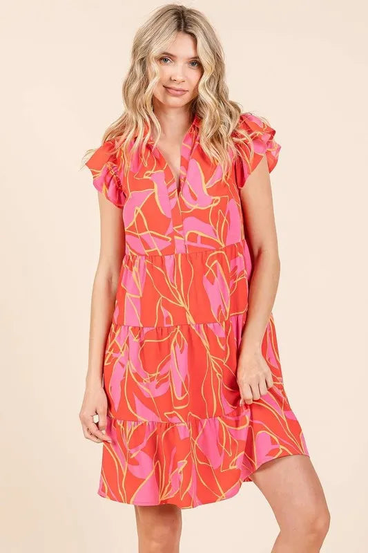 Mittoshop Leaf Print Ruffle Sleeve Tiered Mini Dress Coral 7870c56d-efca-47ea-9c5f-d989ecc100d9-Max