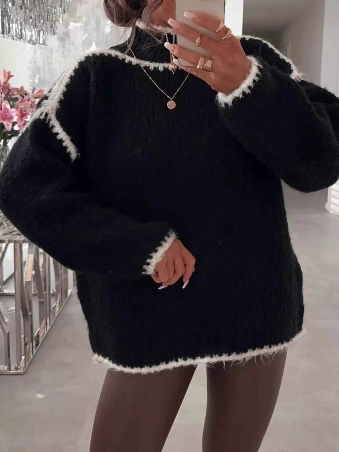 Contrast Trim Turtleneck Long Sleeve Sweater Black 787ebeb0-6d6a-49ad-8621-57e08be1469d-Max-Origin