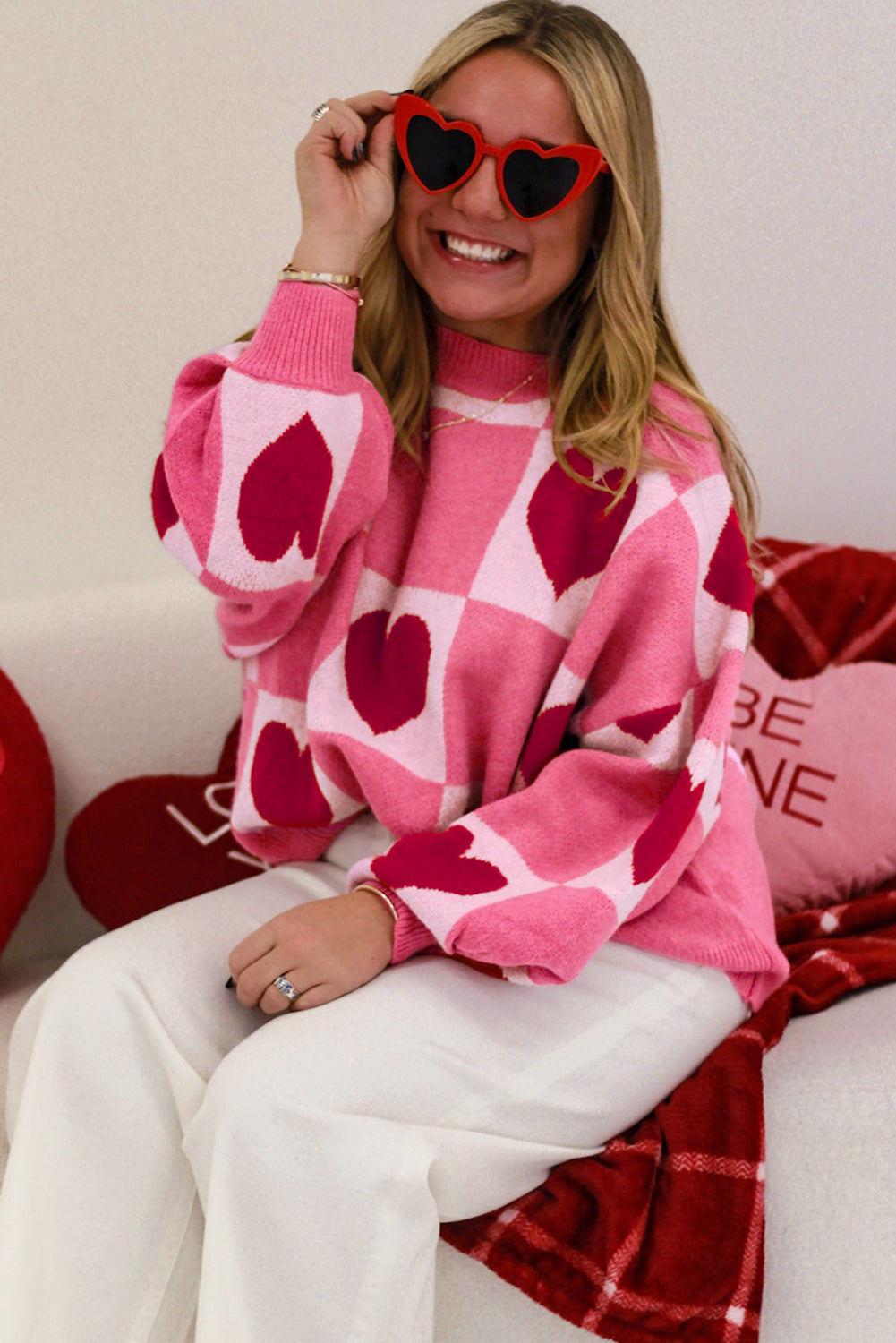 Pink Love Heart Checkered Valentine Knit Sweater 7886644ca0e7635c