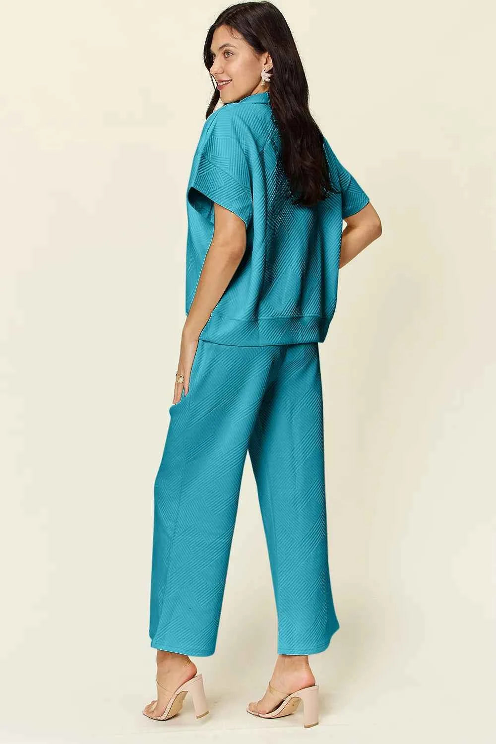 Double Take Full Size Texture Half Zip Short Sleeve Top and Pants Set 789f4564-307a-4de9-93f1-42d25faa3e5f-Max
