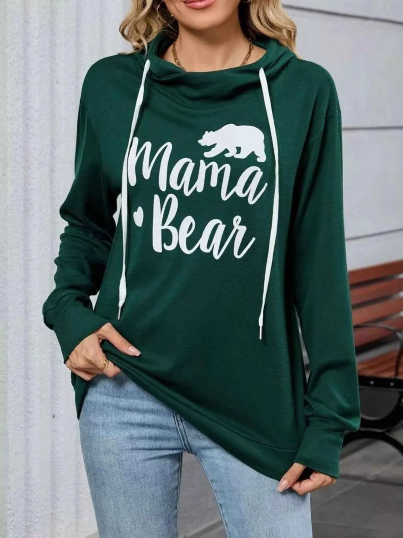 Letter Drawstring Long Sleeve Hoodie Dark Green 78a3e67a-a71b-4922-9260-cda806132206-Max-Origin