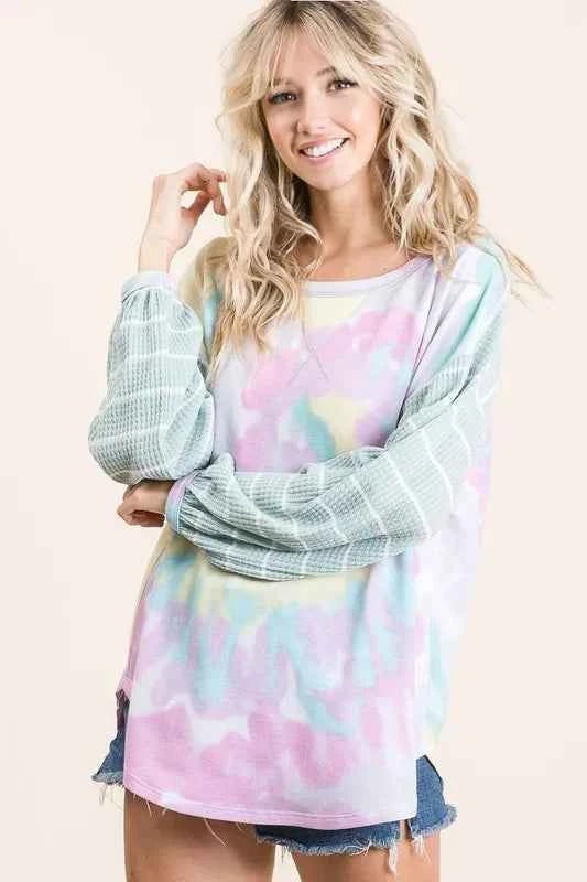 BiBi Tie Dye Terry Top with Wide Stripe Thermal Waffle H.GREY IVORY 78a7c53706284e649b3198b190f8b580-Max-Origin