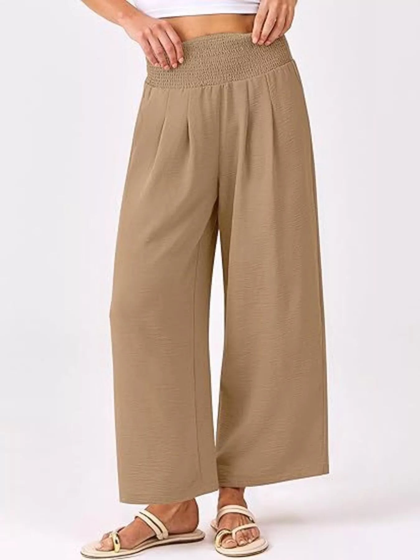 Wide Leg Smocked High Waist Pants Khaki 78b6c402316049988c2fe19f4318800a-Max-Origin