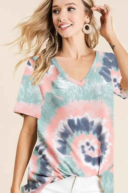 BiBi Tie Dye Print Terry V Neck Short Sleeve Top 78d7a0dd82894414961bb7764b6837b5-Max-Origin