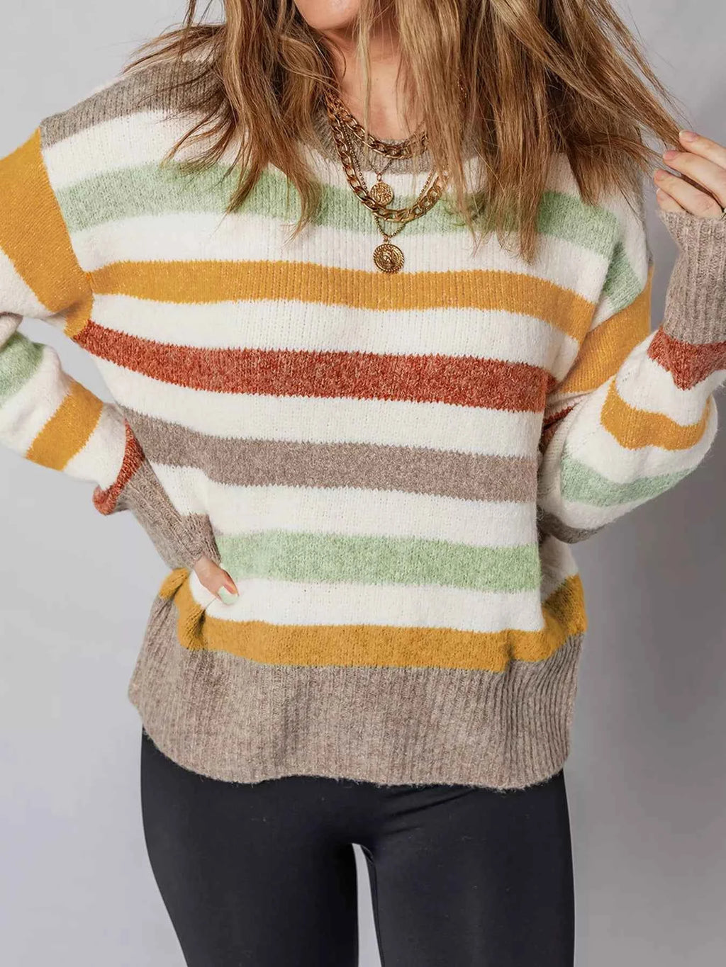 Multicolour Stripe Drop Shoulder Crew Neck Sweater 78e95a21b9ad4fe5a01ee7d712d6f9eb-Max-Origin