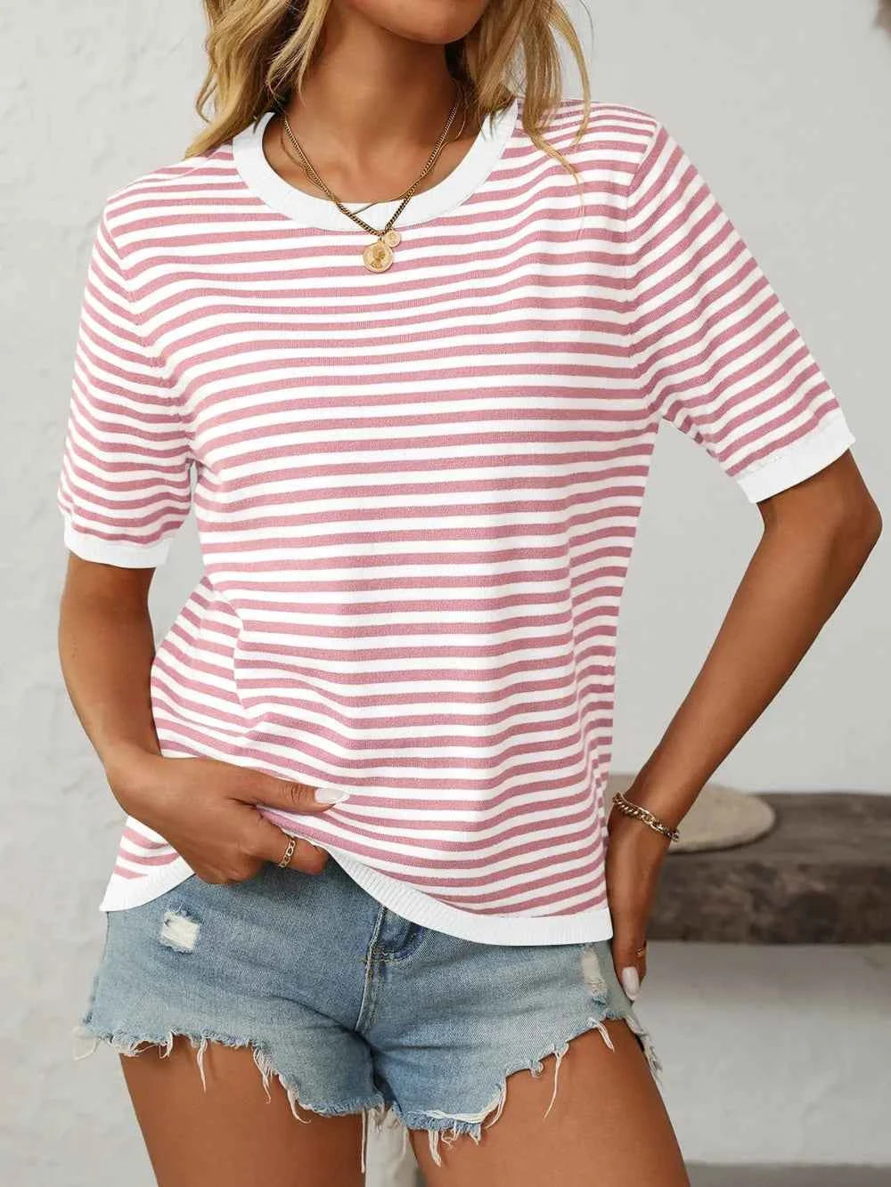 Mandy Striped Round Neck Half Sleeve Knit Top Blush Pink 78eae0d0-50af-4cd0-9d91-48b01d5f2fbf-Max